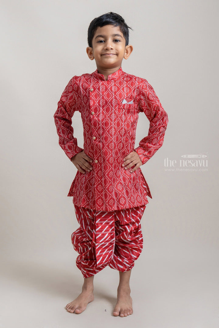 The Nesavu Ethnic Sets Fancy Red Geometric Printed Cotton Kurta Set For Little Boys psr silks Nesavu 14 (6M) / Red BES325B