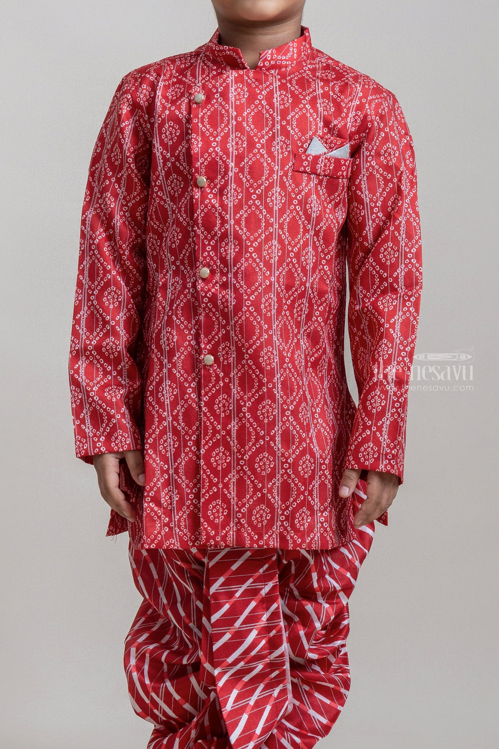 The Nesavu Ethnic Sets Fancy Red Geometric Printed Cotton Kurta Set For Little Boys psr silks Nesavu