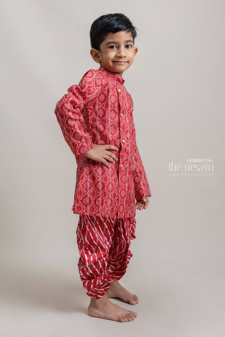 The Nesavu Ethnic Sets Fancy Red Geometric Printed Cotton Kurta Set For Little Boys psr silks Nesavu