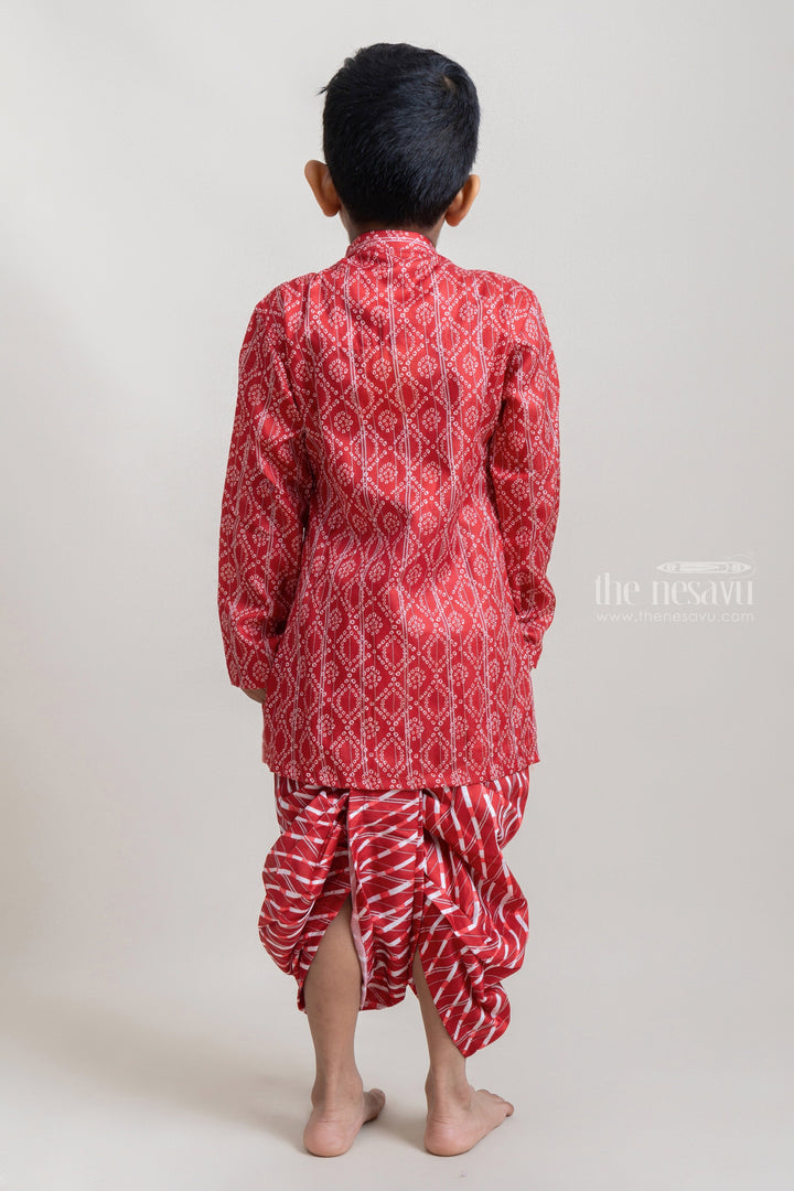 The Nesavu Ethnic Sets Fancy Red Geometric Printed Cotton Kurta Set For Little Boys psr silks Nesavu