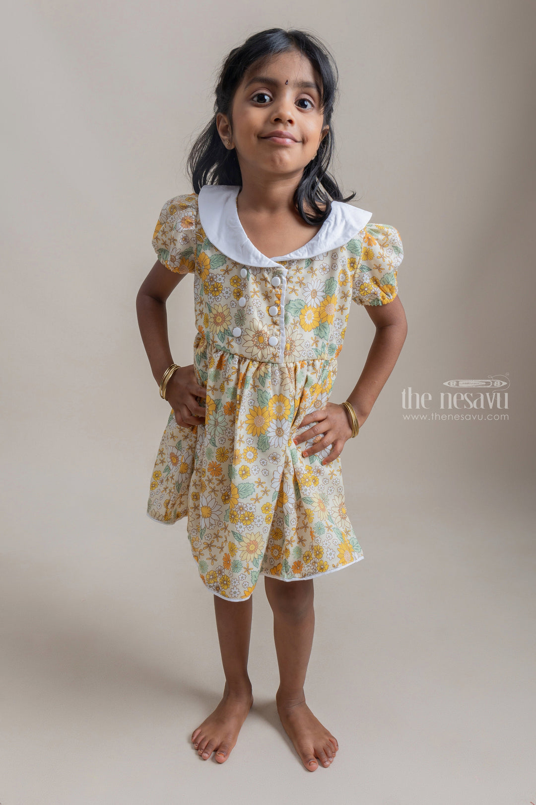 The Nesavu Frocks & Dresses Fancy Yellow Floral Printed Button Closure Daily Wear Cotton Frock For Girls psr silks Nesavu 18 (2Y) / Yellow GFC1015A