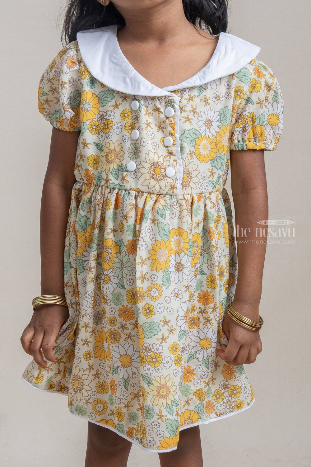 The Nesavu Frocks & Dresses Fancy Yellow Floral Printed Button Closure Daily Wear Cotton Frock For Girls psr silks Nesavu
