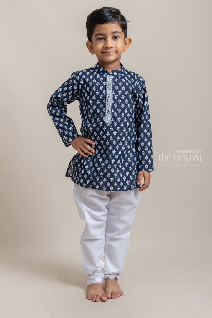 The Nesavu Ethnic Sets Fashionable Navy Blue Butta Printed Kurta With White Pant For Boys psr silks Nesavu 12 (3M) / Blue BES320A