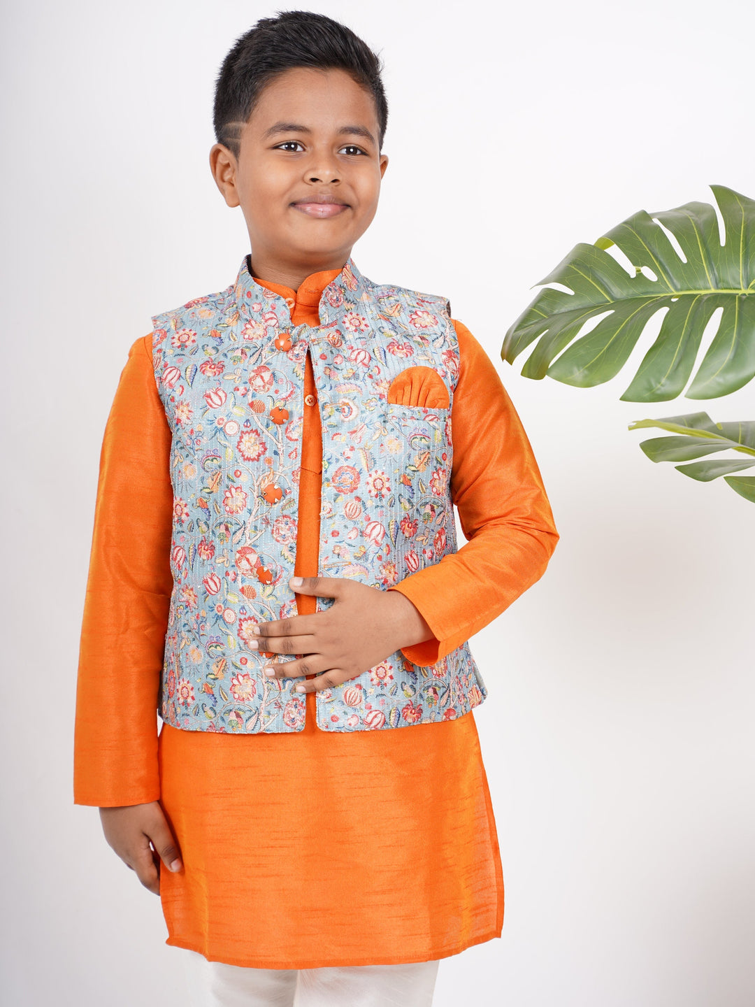 The Nesavu Ethnic Sets Fire Orange Kurta For Boys With Blue Floral Overcoat And Attached Pant psr silks Nesavu 14 (6M) / orange BES104