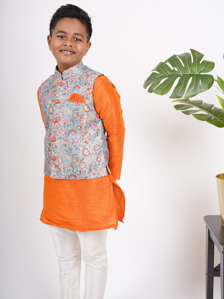 The Nesavu Ethnic Sets Fire Orange Kurta For Boys With Blue Floral Overcoat And Attached Pant psr silks Nesavu