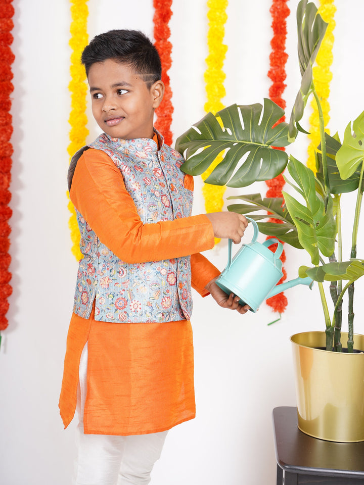 The Nesavu Ethnic Sets Fire Orange Kurta For Boys With Blue Floral Overcoat And Attached Pant psr silks Nesavu