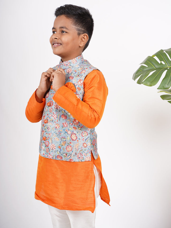The Nesavu Ethnic Sets Fire Orange Kurta For Boys With Blue Floral Overcoat And Attached Pant psr silks Nesavu