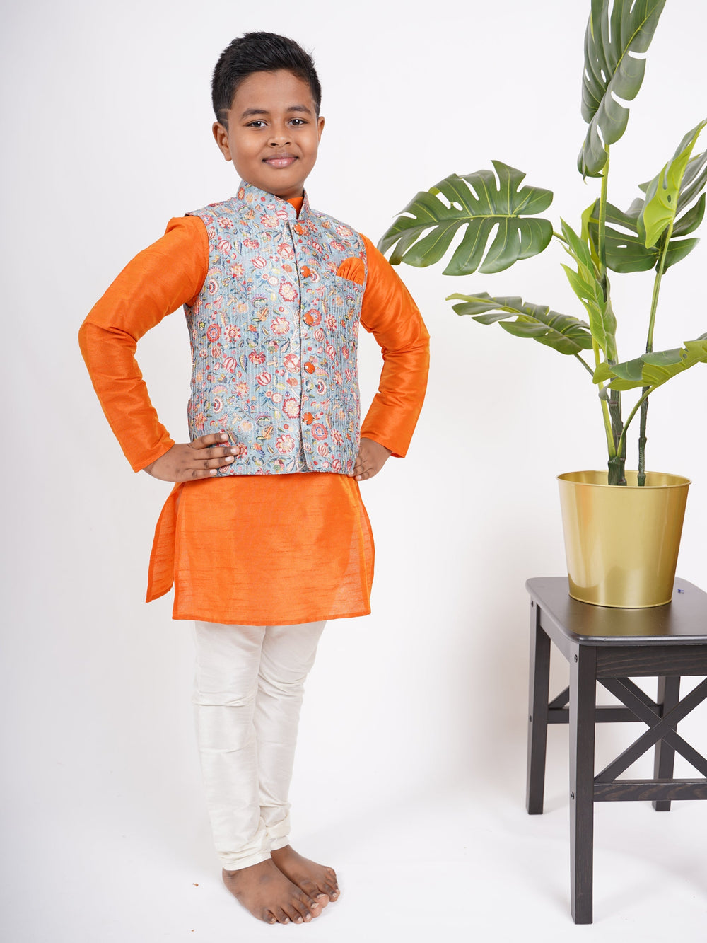 The Nesavu Ethnic Sets Fire Orange Kurta For Boys With Blue Floral Overcoat And Attached Pant psr silks Nesavu