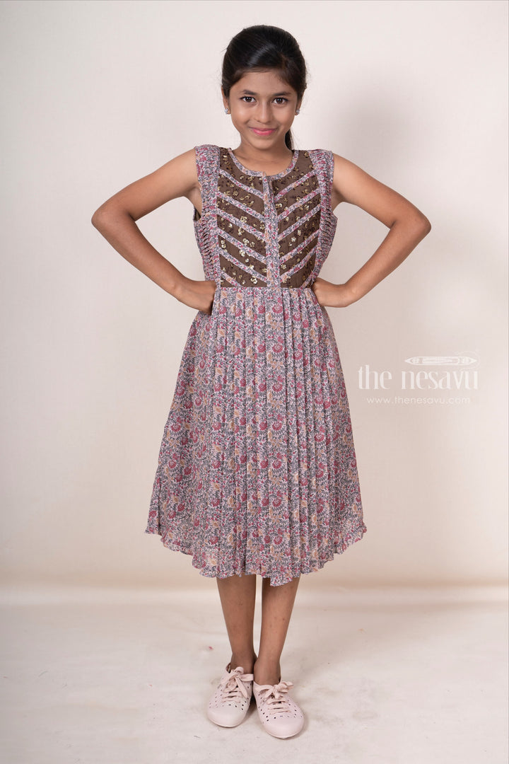 The Nesavu Frocks & Dresses Floral Bush- Designer Baby Girls Cotton Frock With Fabric Trims psr silks Nesavu 16 (1Y) / Gray GFC700B