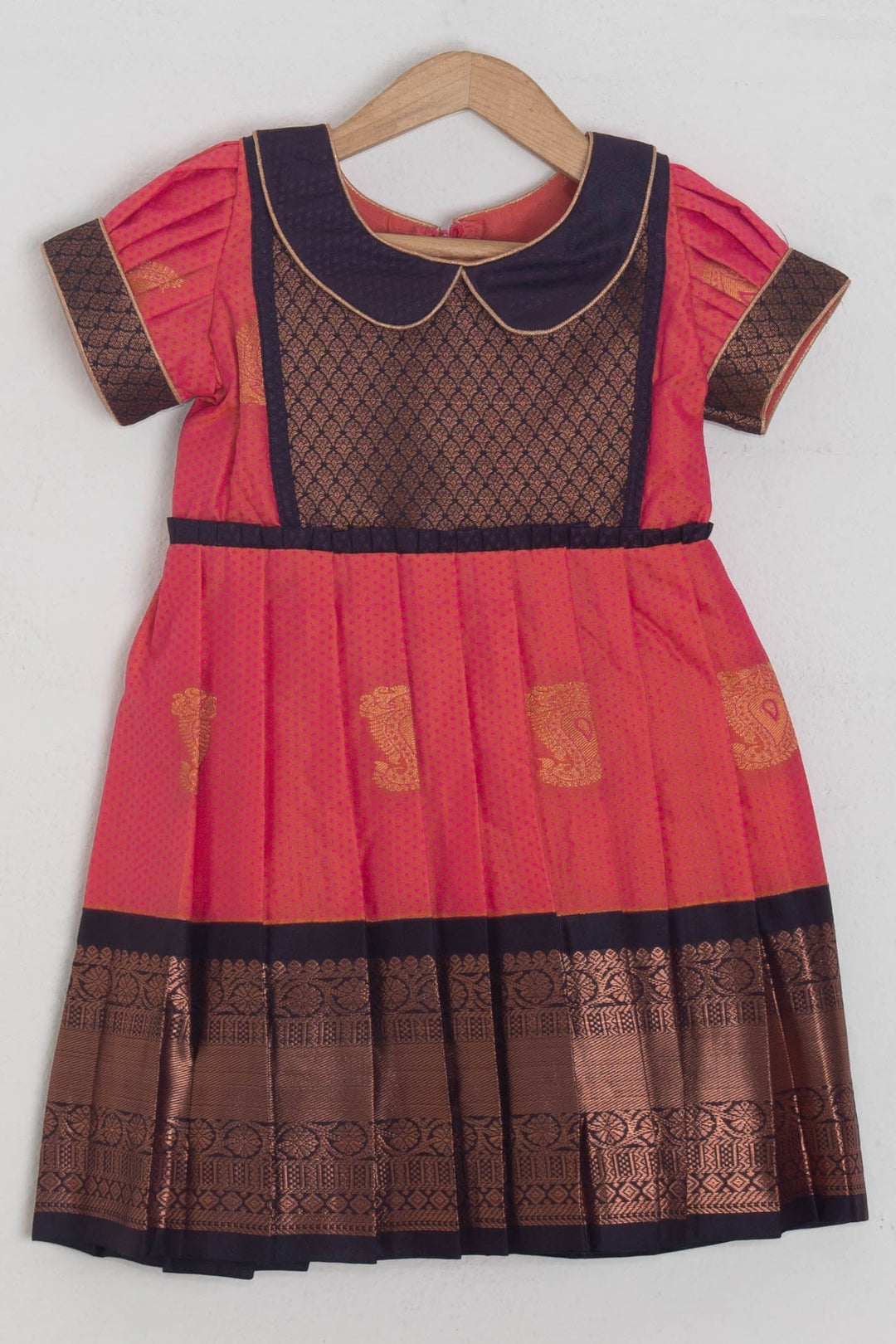 The Nesavu Silk Frocks Floral Designer Black Yoke And Butta Printed Orange Semi Korvai Kanjivaram Silk Frock For Girls psr silks Nesavu 14 (6M) / Orange SF545A