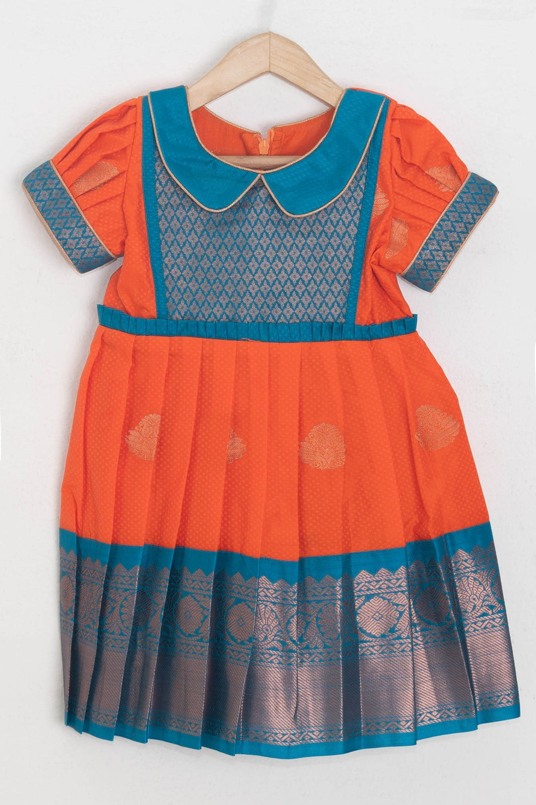 The Nesavu Silk Frocks Floral Designer Yoke With Orange Semi Kanchivaram Silk Frock For Girls psr silks Nesavu 14 (6M) / Orange SF524A