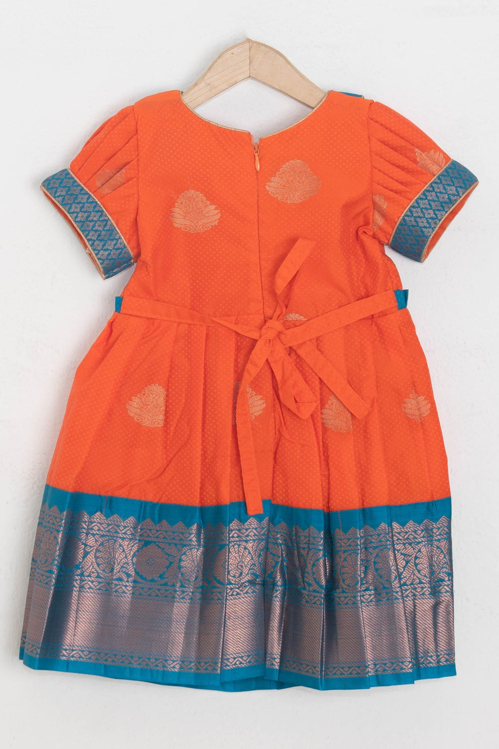 The Nesavu Silk Frocks Floral Designer Yoke With Orange Semi Kanchivaram Silk Frock For Girls psr silks Nesavu
