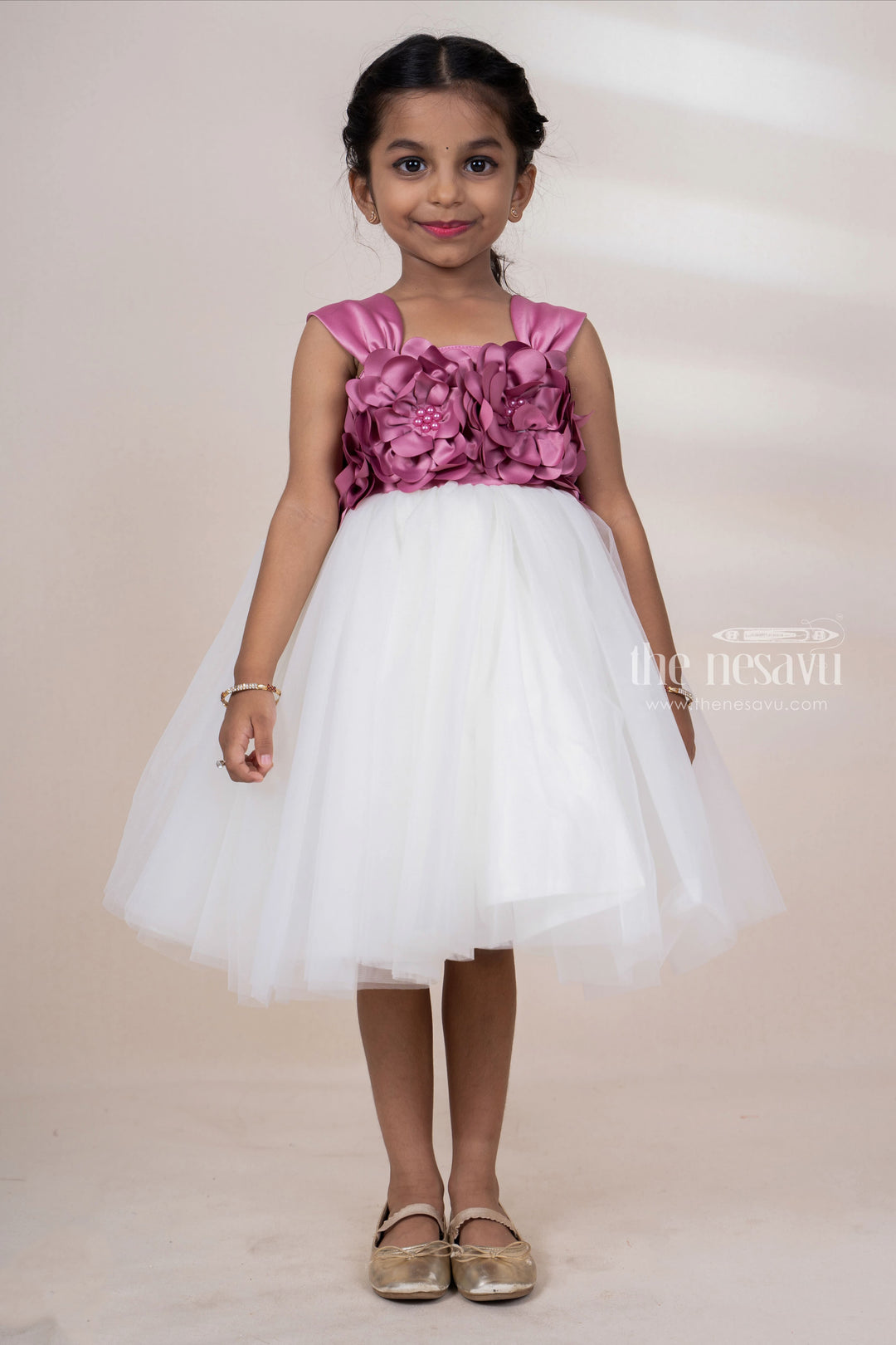 The Nesavu Party Frock Floral Embellished Soft Net Party Frock For Toddler Girls psr silks Nesavu 16 (1Y) / rosybrown PF56D