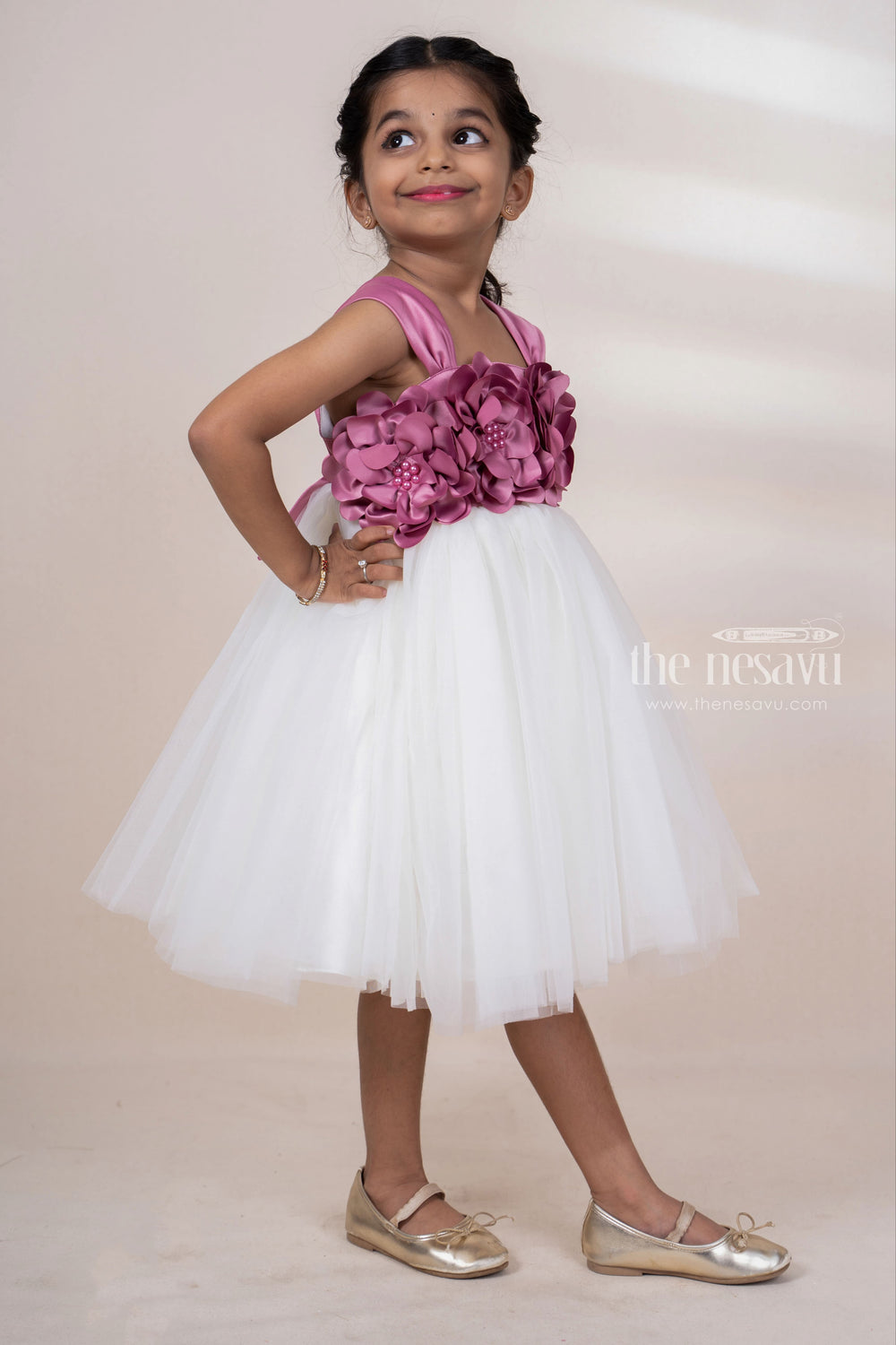 The Nesavu Party Frock Floral Embellished Soft Net Party Frock For Toddler Girls psr silks Nesavu