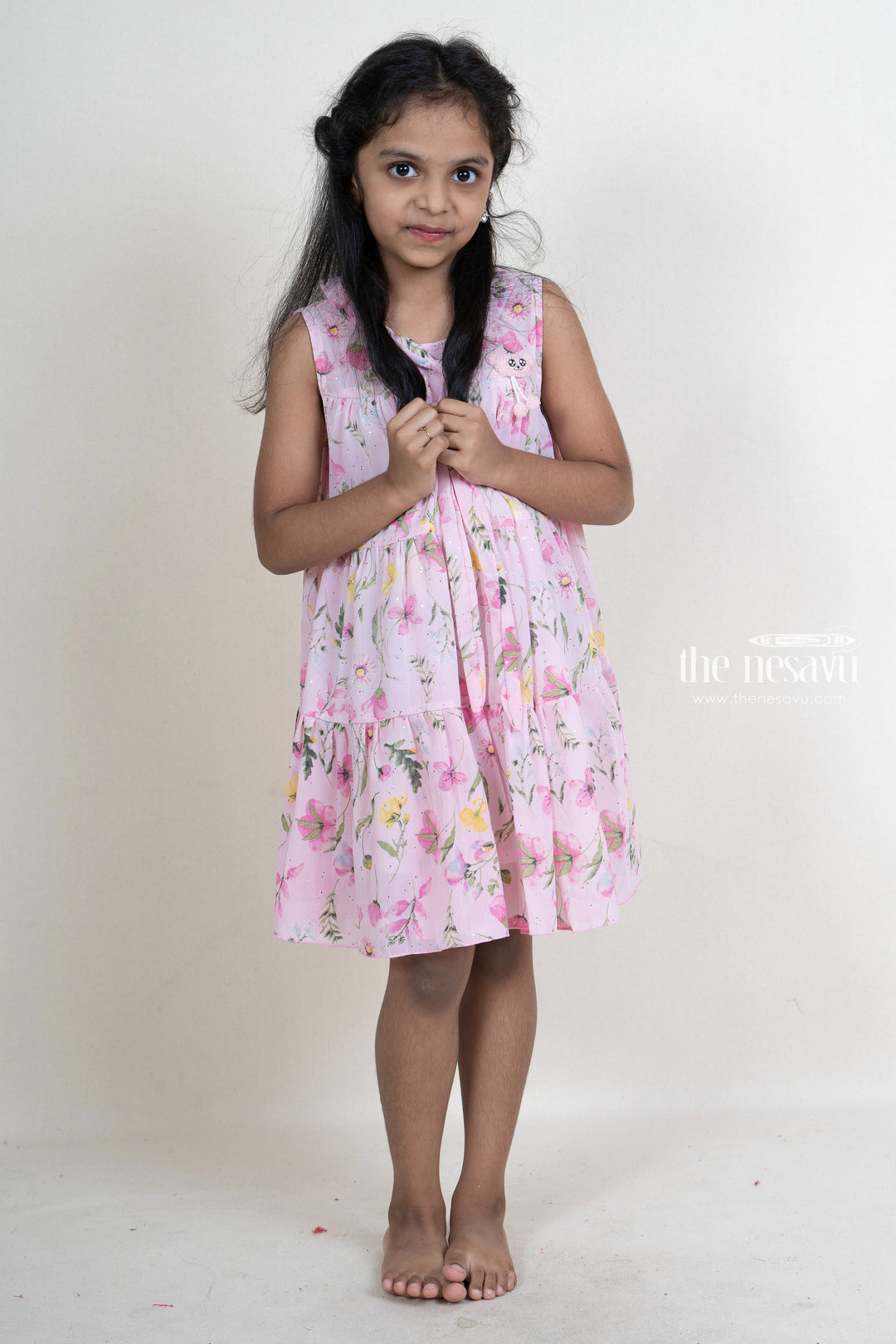 The Nesavu Frocks & Dresses Floral pink crepe deisgner hi-neck frock for baby girls psr silks Nesavu 16 (1Y) / Pink GFC934A