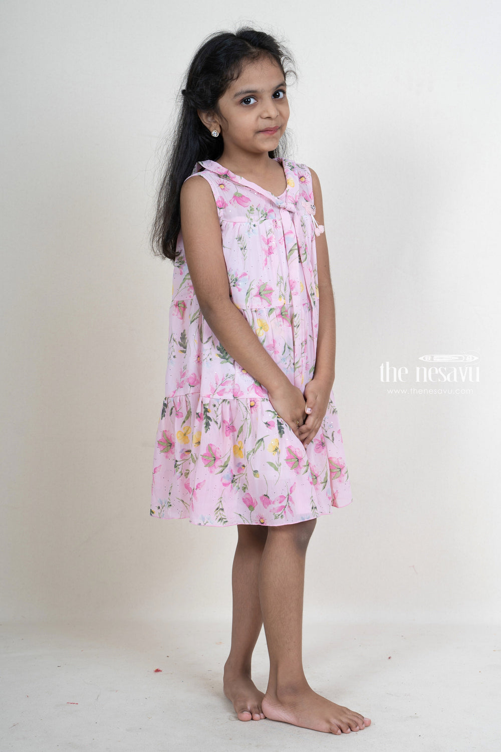 The Nesavu Frocks & Dresses Floral pink crepe deisgner hi-neck frock for baby girls psr silks Nesavu
