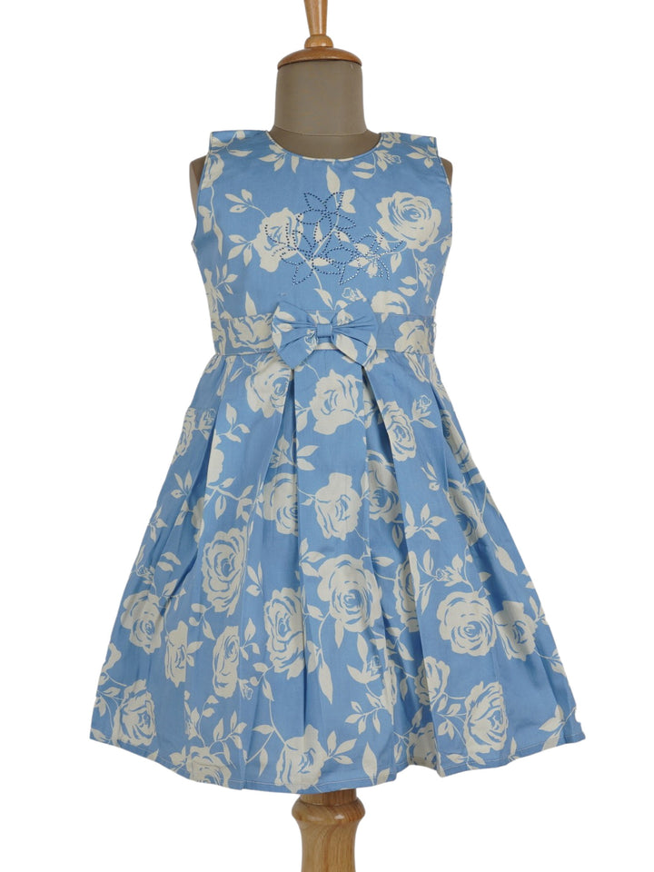 The Nesavu Frocks & Dresses Floral Print Soft Cotton Frock Dress With Bow psr silks Nesavu 20 (3Y-4Y) / Blue GFC531B