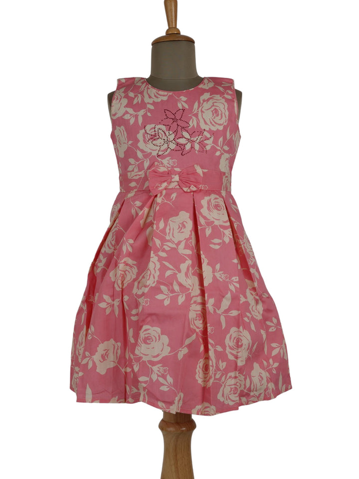The Nesavu Frocks & Dresses Floral Print Soft Cotton Frock Dress With Bow psr silks Nesavu 20 (3Y-4Y) / Pink GFC531A