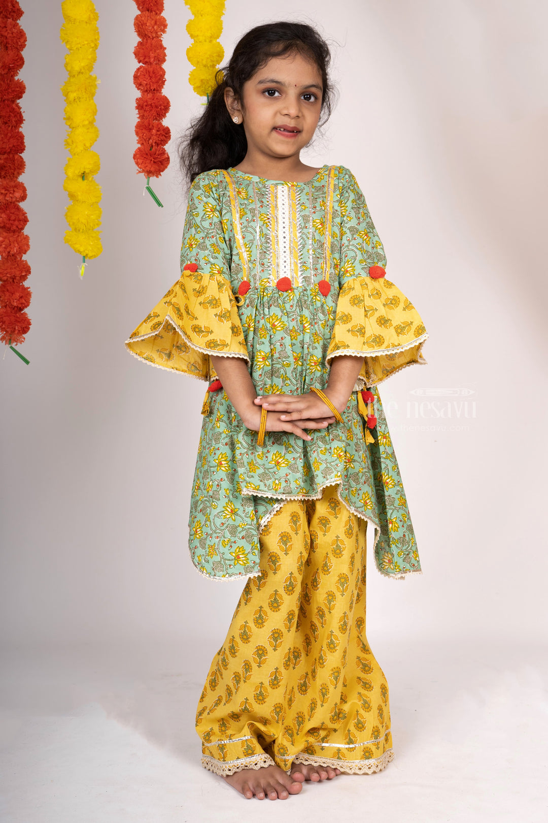 The Nesavu Sets & Suits Floral Printed Cotton Palazzo Attached Anarkali Kurta For Girls psr silks Nesavu 18 (2Y) / seagreen GPS067
