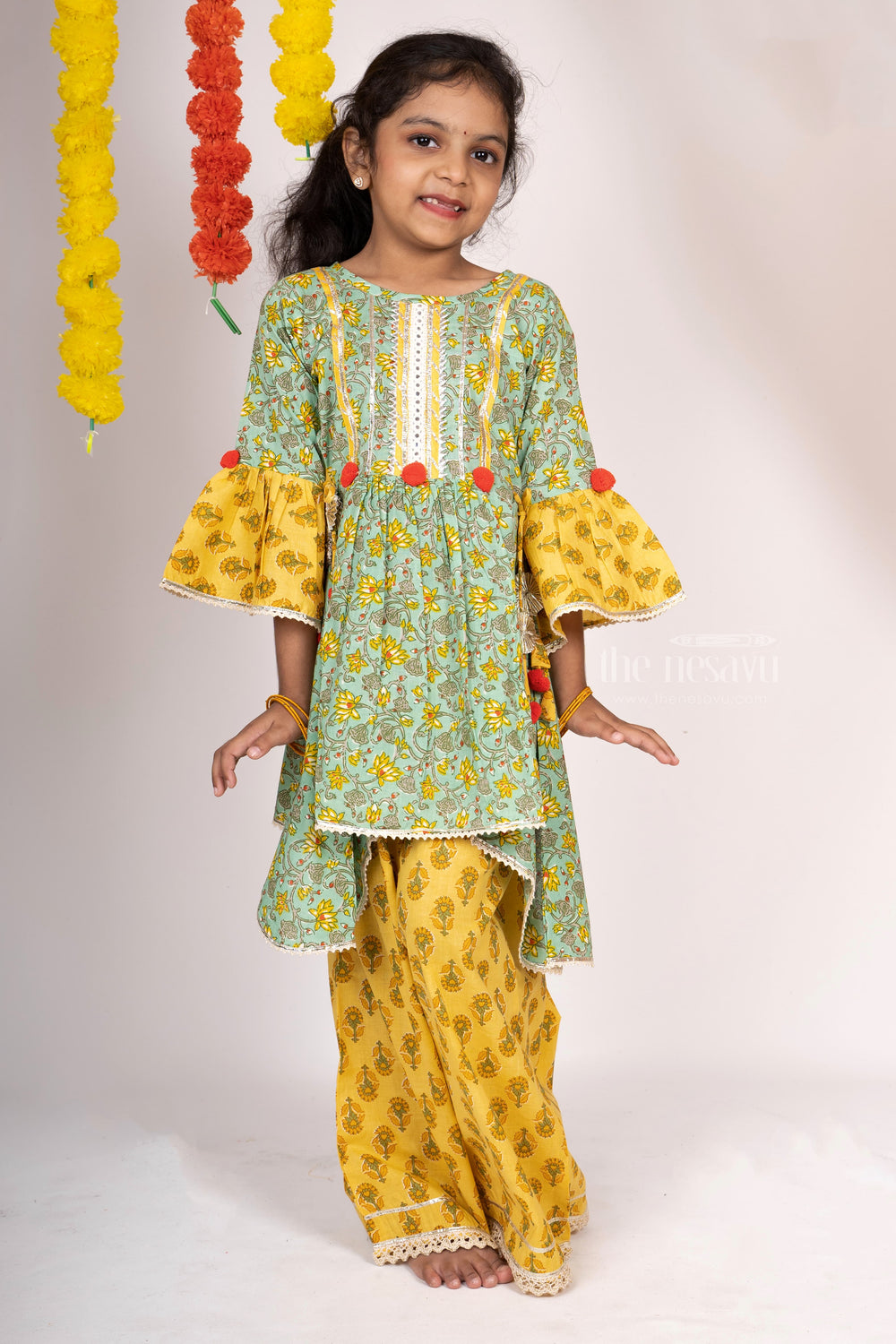 The Nesavu Sets & Suits Floral Printed Cotton Palazzo Attached Anarkali Kurta For Girls psr silks Nesavu