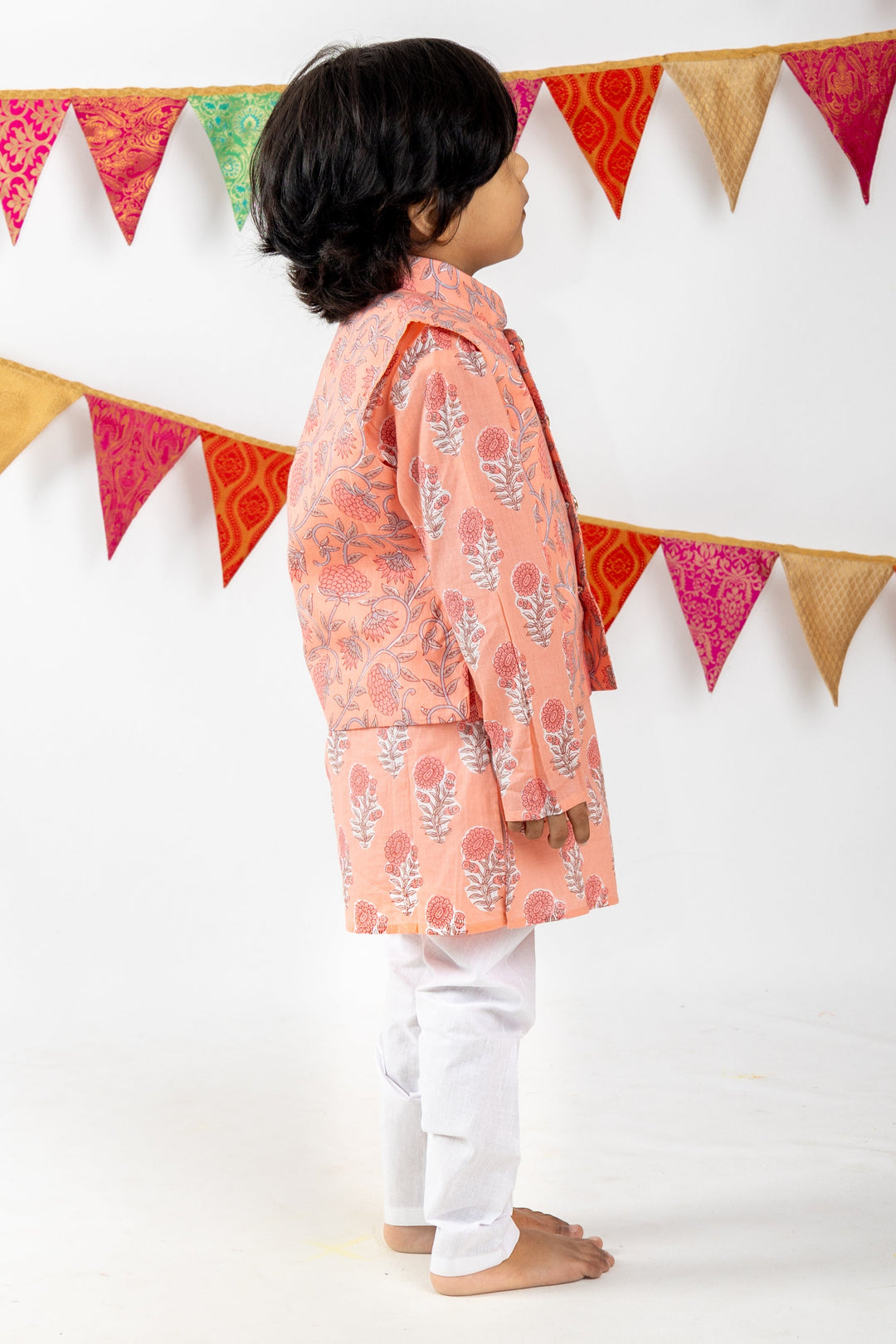 The Nesavu Ethnic Sets Floral Printed Pure Soft Cotton Orange Readymade Kurta For Boys psr silks Nesavu 16 (1Y) / peachpuff BES145