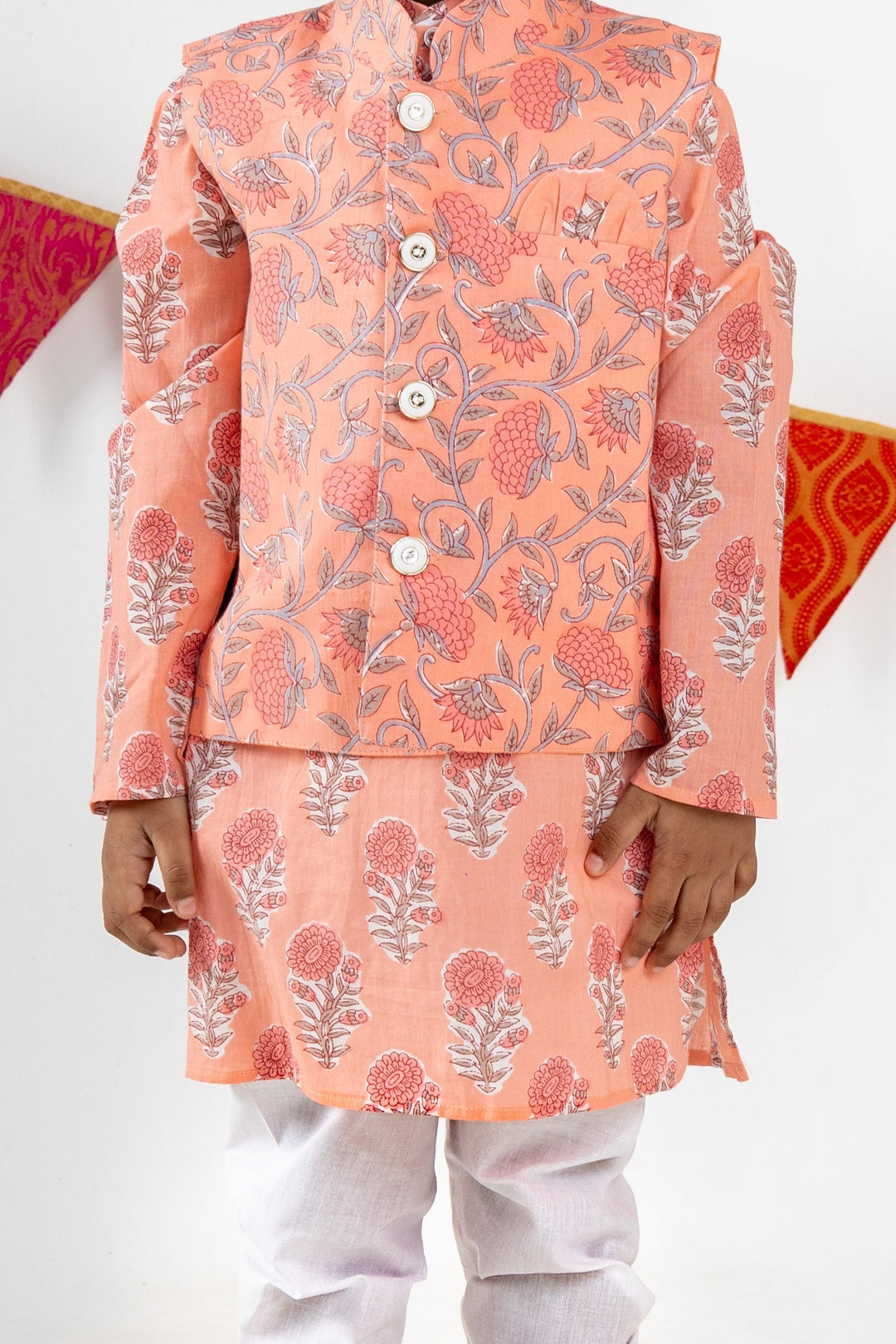 The Nesavu Ethnic Sets Floral Printed Pure Soft Cotton Orange Readymade Kurta For Boys psr silks Nesavu