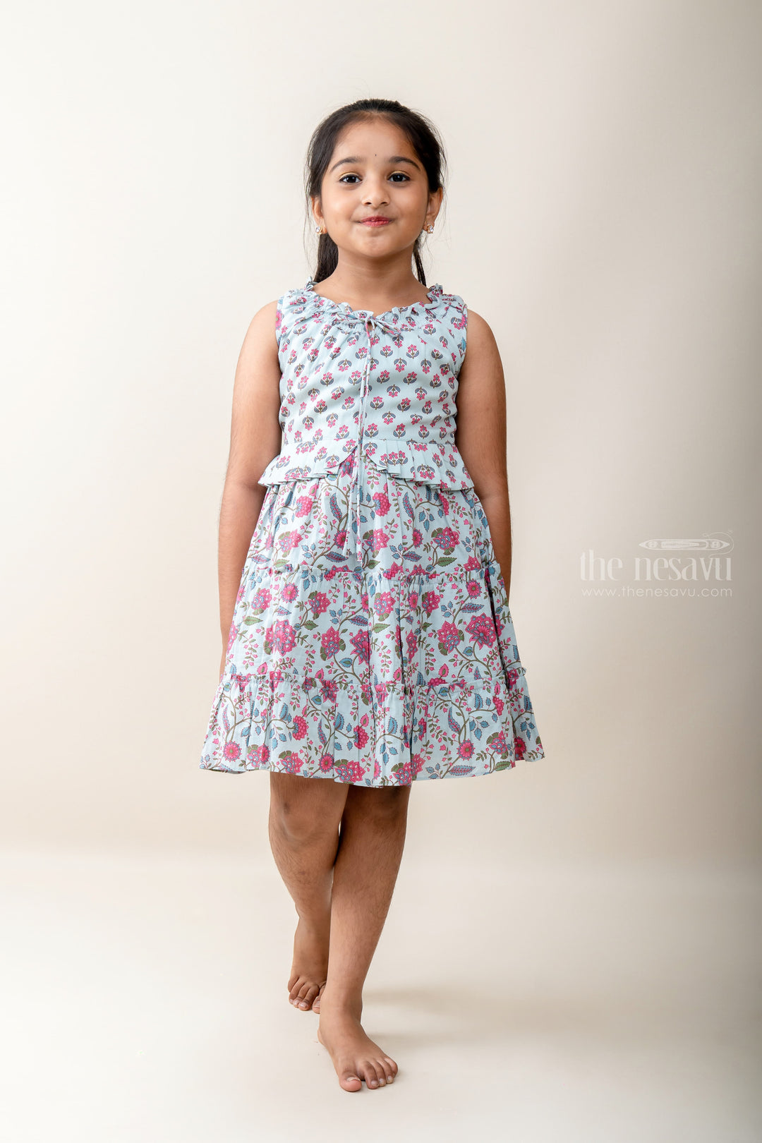 The Nesavu Frocks & Dresses Floral Printed Seagreen Collar Cotton Frock With Top Knot. psr silks Nesavu 16 (1Y ) / Seagreen GFC960B