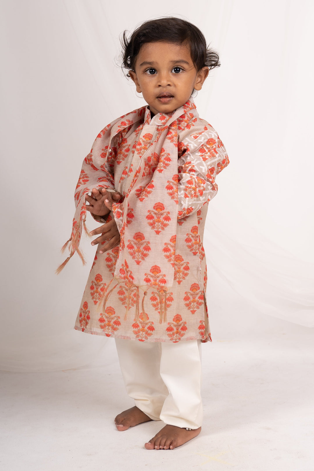 The Nesavu Ethnic Sets Floral Printed Semi Silk Cotton Kurta For Baby Boys psr silks Nesavu 14 (6M) / Salmon BES143