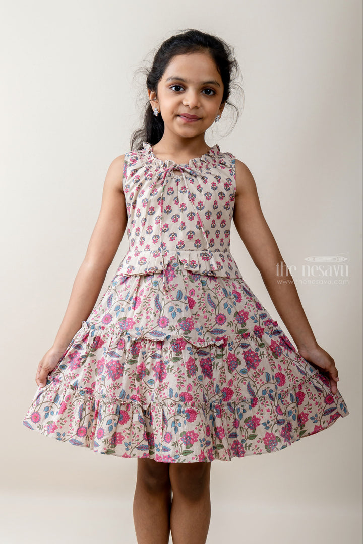The Nesavu Frocks & Dresses Floral Printed Tan Color Cotton Fock With Top Knot. psr silks Nesavu 16 (1Y ) / tan GFC960A