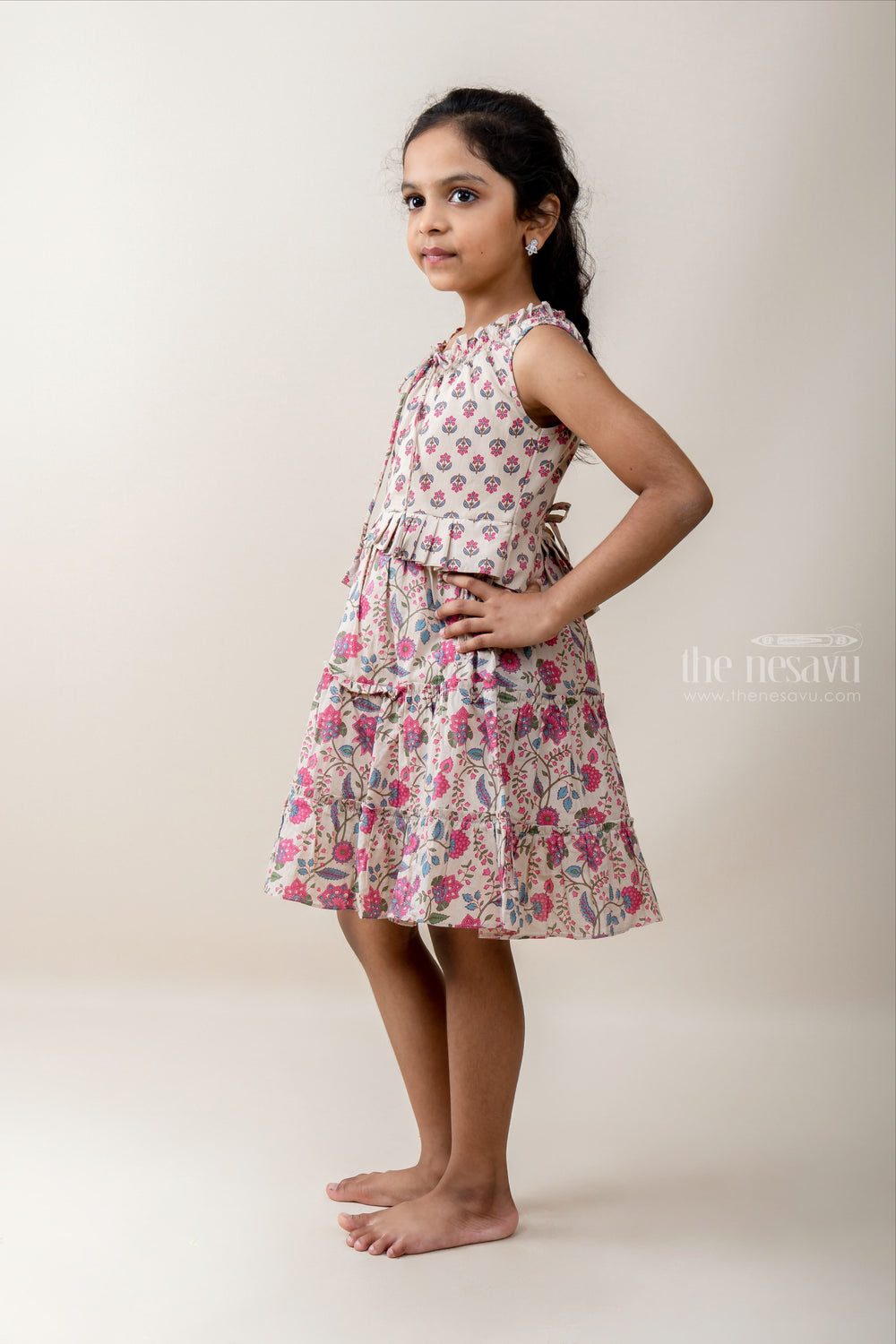 The Nesavu Frocks & Dresses Floral Printed Tan Color Cotton Fock With Top Knot. psr silks Nesavu