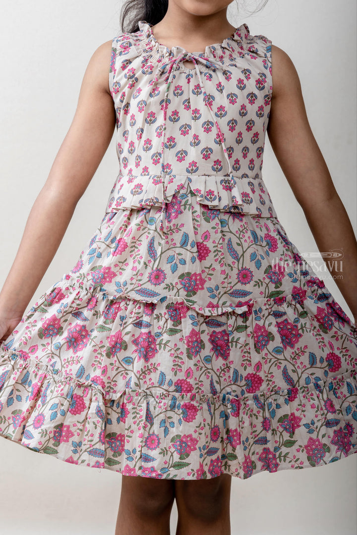 The Nesavu Frocks & Dresses Floral Printed Tan Color Cotton Fock With Top Knot. psr silks Nesavu