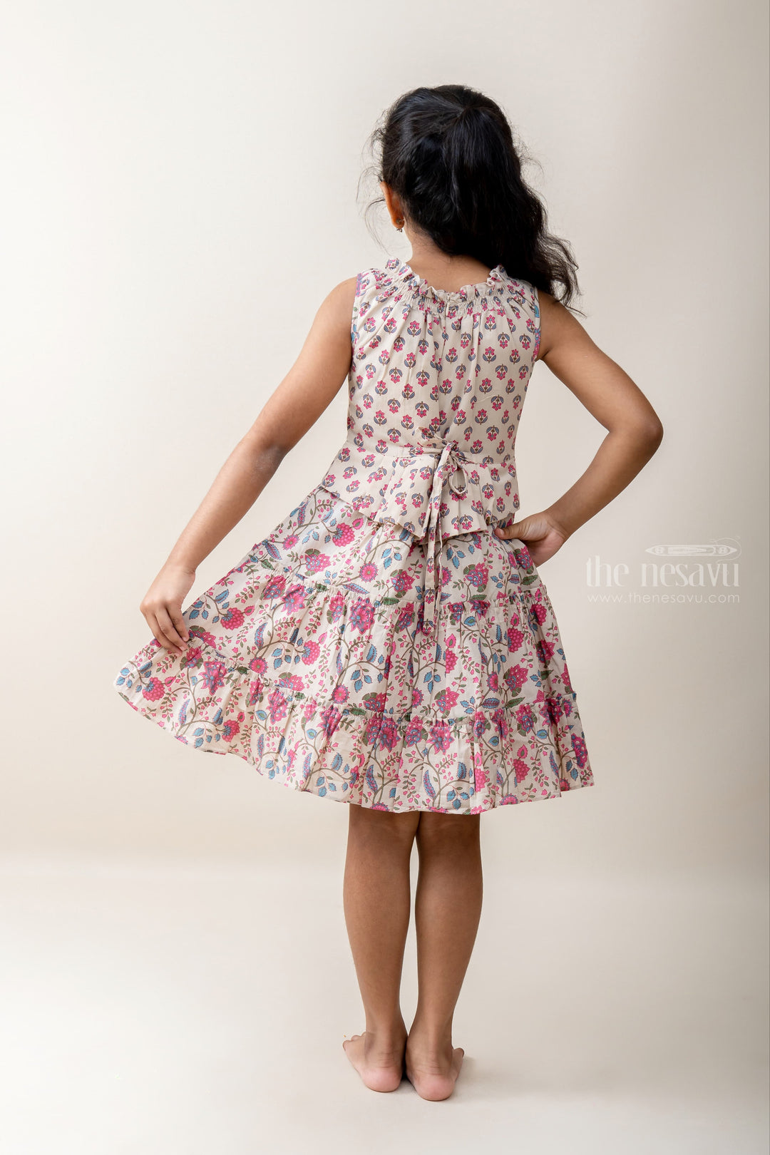 The Nesavu Frocks & Dresses Floral Printed Tan Color Cotton Fock With Top Knot. psr silks Nesavu