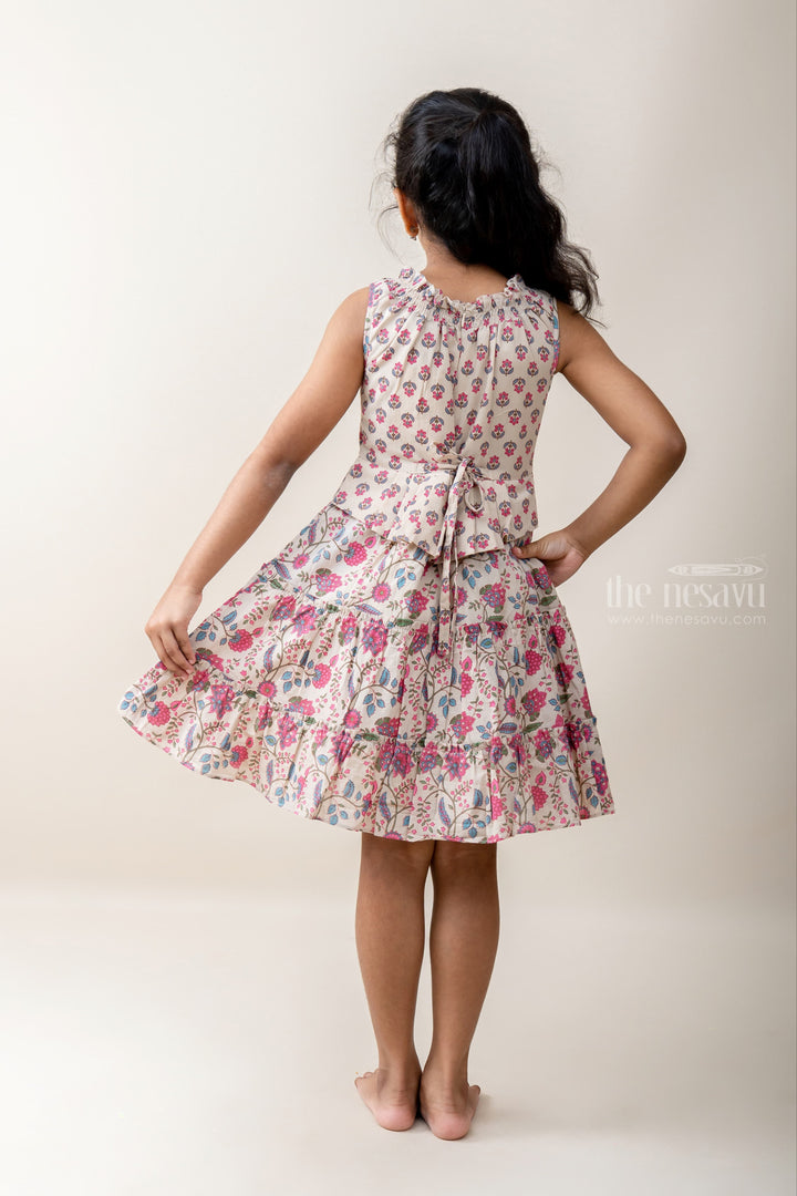 The Nesavu Frocks & Dresses Floral Printed Tan Color Cotton Fock With Top Knot. psr silks Nesavu
