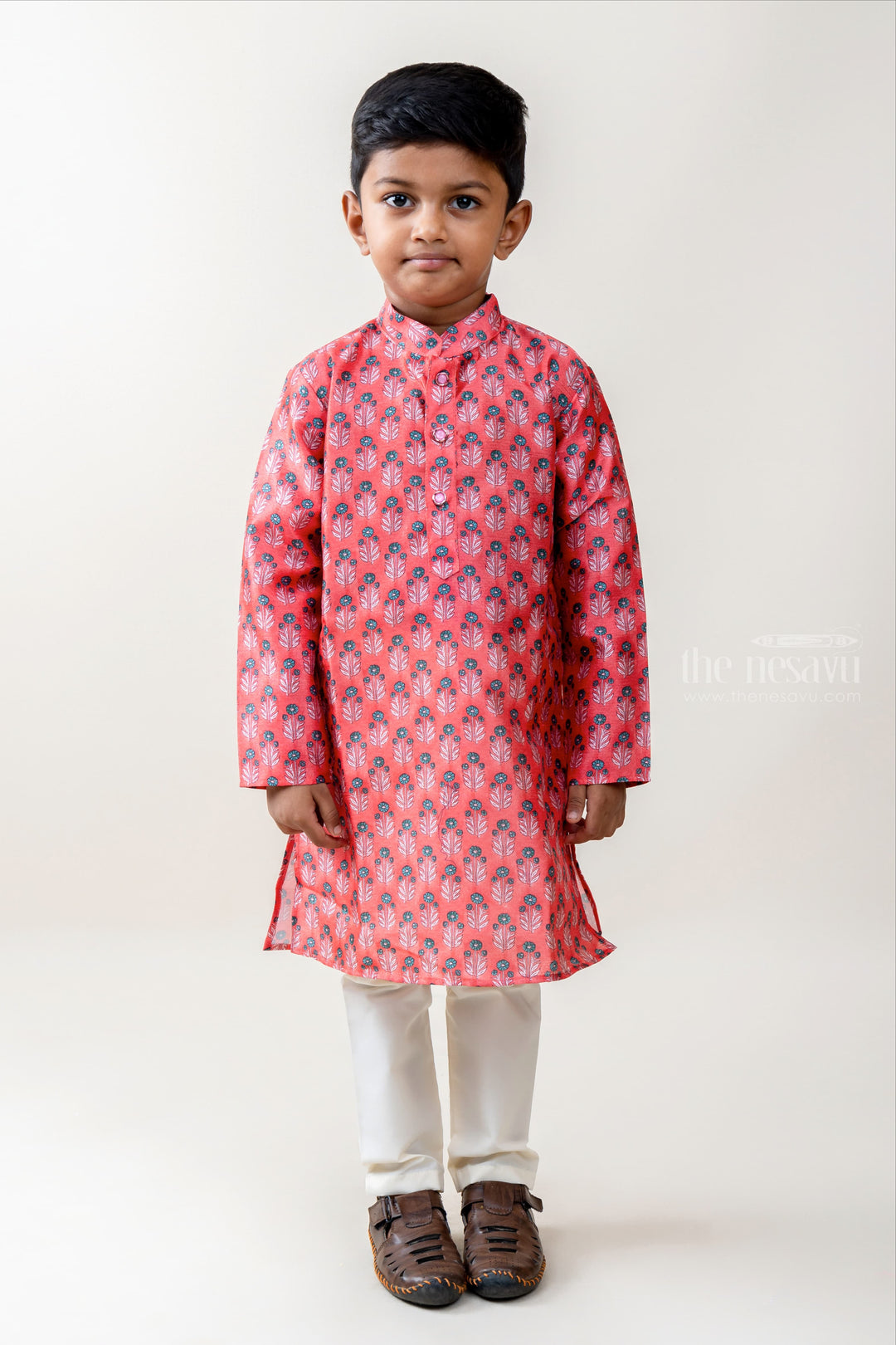 The Nesavu Ethnic Sets Flower And Leaf - Blended Cotton Red Shirt And Cotton Pant For Little Boys psr silks Nesavu 14 (6M) / deeppink BES225A