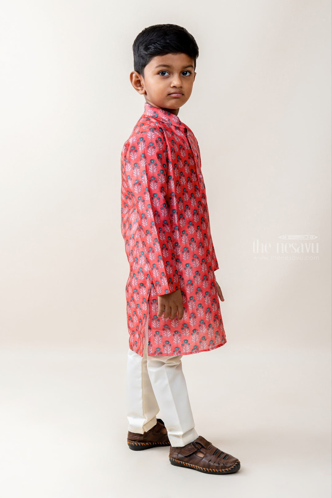 The Nesavu Ethnic Sets Flower And Leaf - Blended Cotton Red Shirt And Cotton Pant For Little Boys psr silks Nesavu