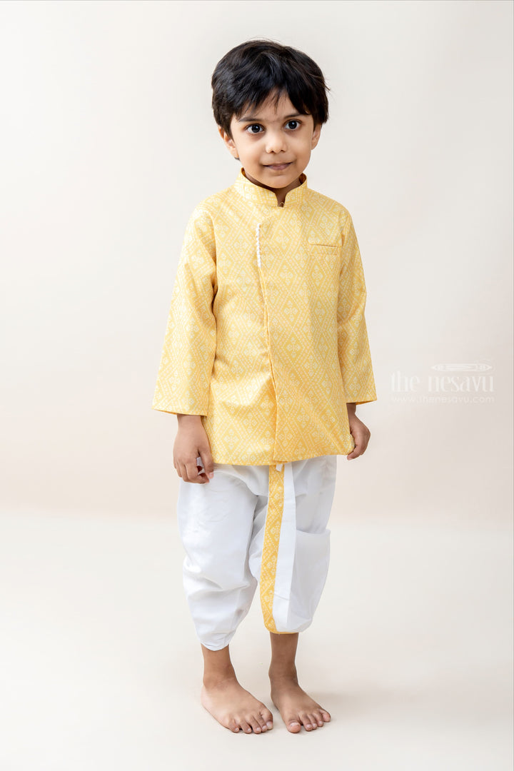 The Nesavu Ethnic Sets Forever Diagonals - Golden Yellow Kurta With White Panchakacham For Boys psr silks Nesavu 10 (NB) / yellow BES223B