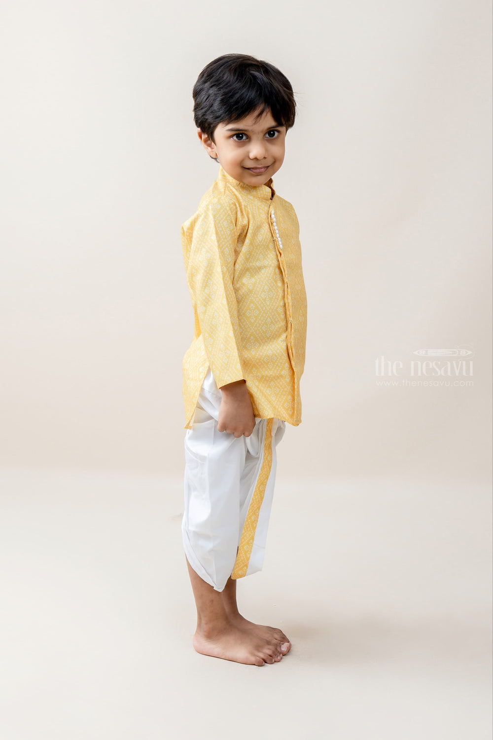 The Nesavu Ethnic Sets Forever Diagonals - Golden Yellow Kurta With White Panchakacham For Boys psr silks Nesavu