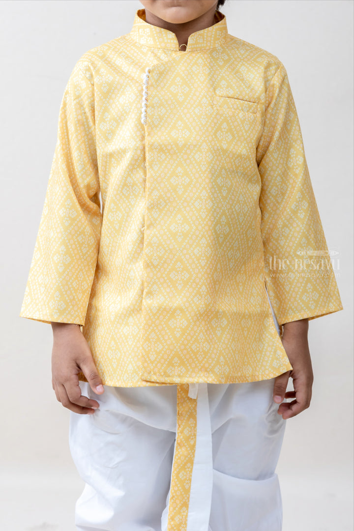 The Nesavu Ethnic Sets Forever Diagonals - Golden Yellow Kurta With White Panchakacham For Boys psr silks Nesavu