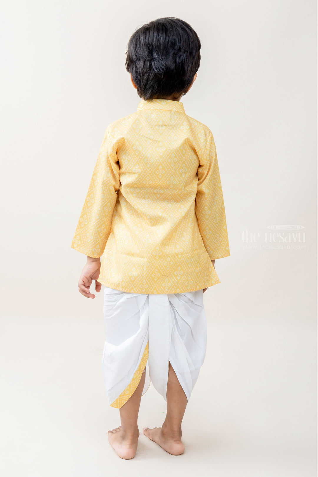 The Nesavu Ethnic Sets Forever Diagonals - Golden Yellow Kurta With White Panchakacham For Boys psr silks Nesavu