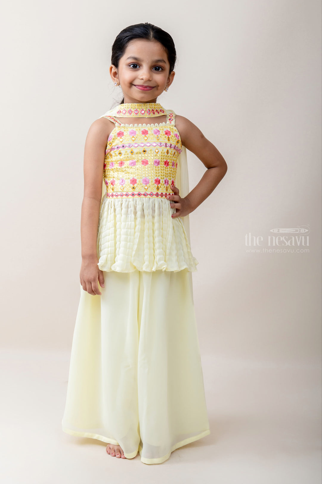The Nesavu Sets & Suits Frills And Flows - Embellished Yellow ShortTops And Airy Patiala Pants psr silks Nesavu 16 (1Y ) / yellow GPS108A
