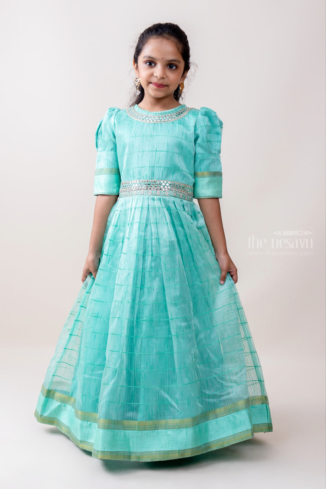 The Nesavu Kids Anarkali Full Length Silk Cotton Designer Anarkali Dresses For Baby Girls psr silks Nesavu 18 (2Y) / Aquamarine GA113D