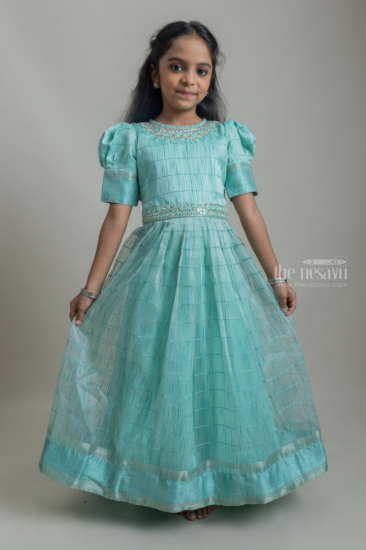 The Nesavu Kids Anarkali Full Length Silk Organza Designer Anarkali Dresses For Baby Girls psr silks Nesavu 18 (2Y) / Turquoise GA113E
