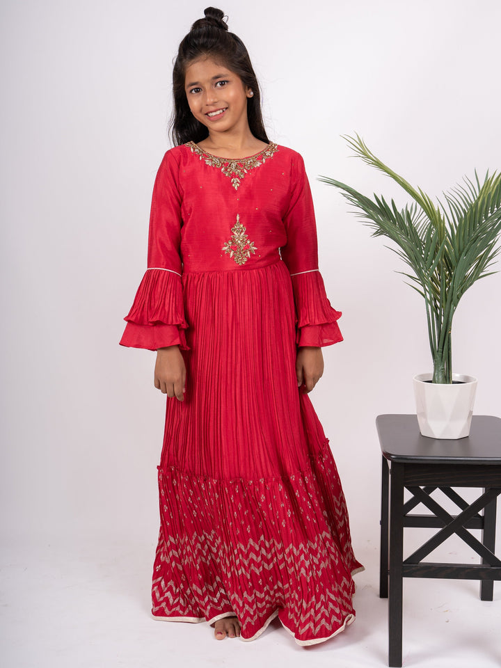 The Nesavu Kids Anarkali Girls Red Semi Crushed Anarkali Suit With Stylish Flutter Sleeve psr silks Nesavu 24 (5Y-6Y) / Pink GA020