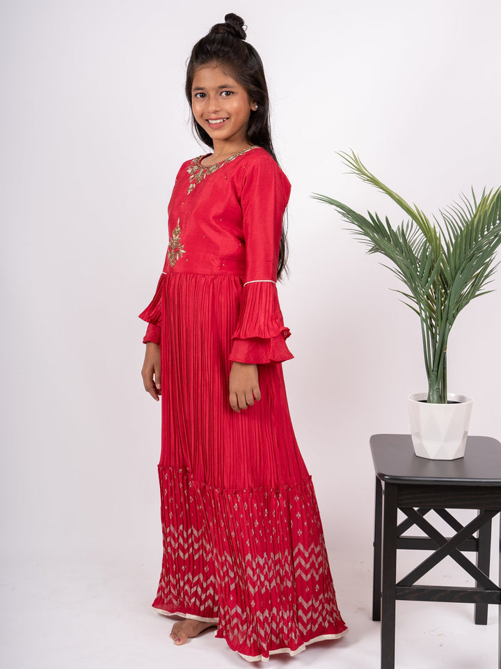 The Nesavu Kids Anarkali Girls Red Semi Crushed Anarkali Suit With Stylish Flutter Sleeve psr silks Nesavu