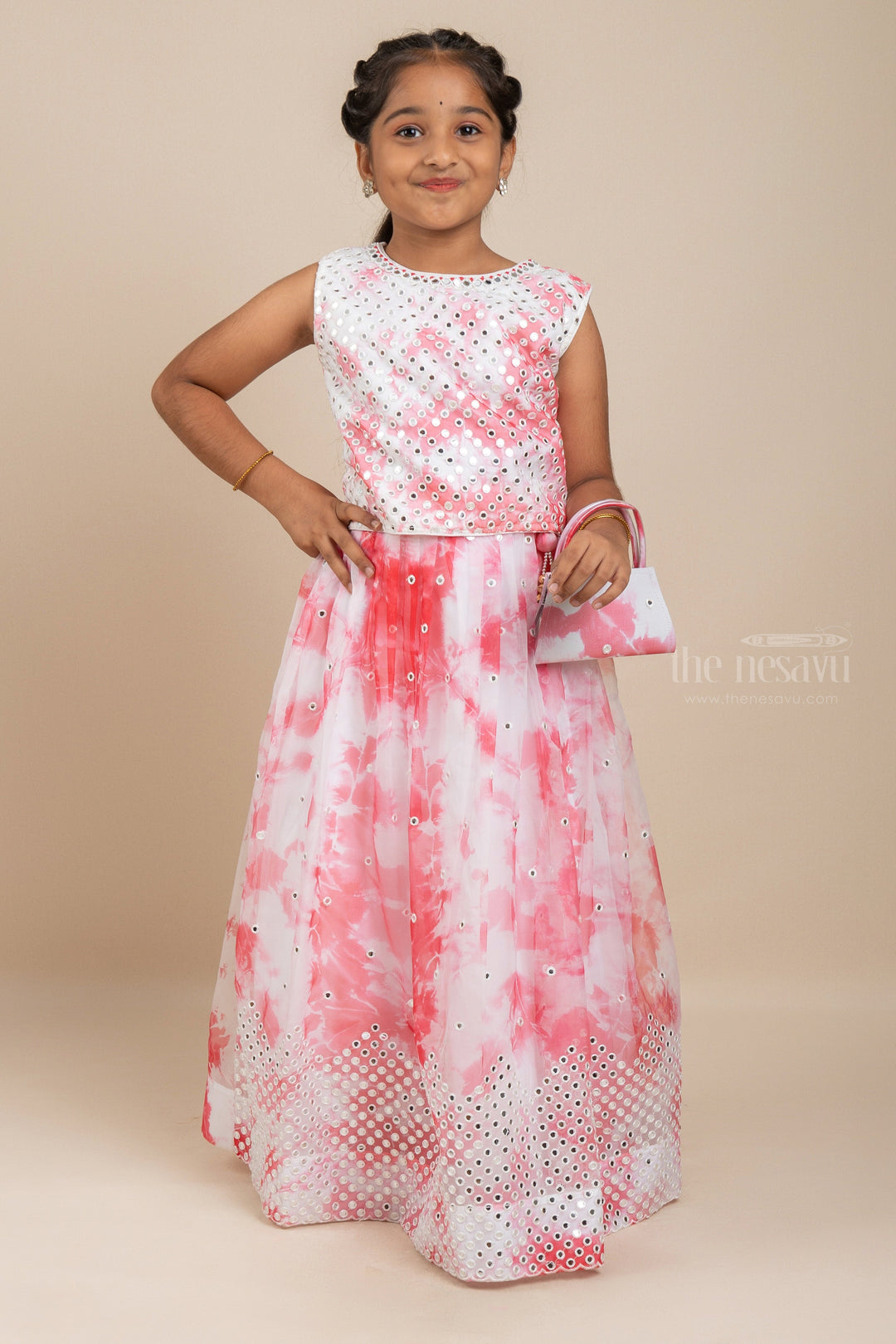 The Nesavu Lehenga & Ghagra Glaring Beauty - Mirror Embedded Pink Crop Top And Skirt For Girls psr silks Nesavu 16 (1Y ) / pink GL294A