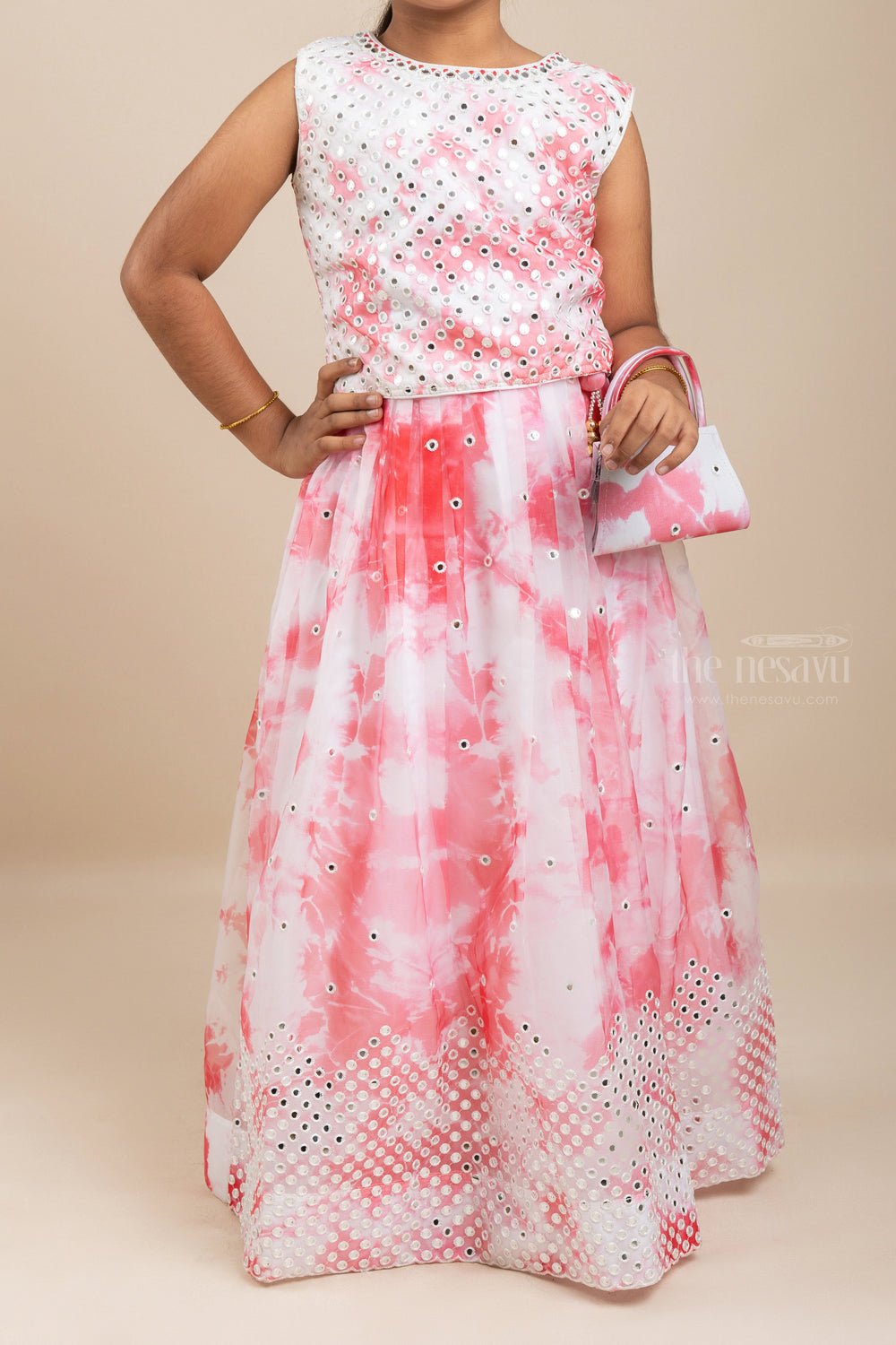 The Nesavu Lehenga & Ghagra Glaring Beauty - Mirror Embedded Pink Crop Top And Skirt For Girls psr silks Nesavu