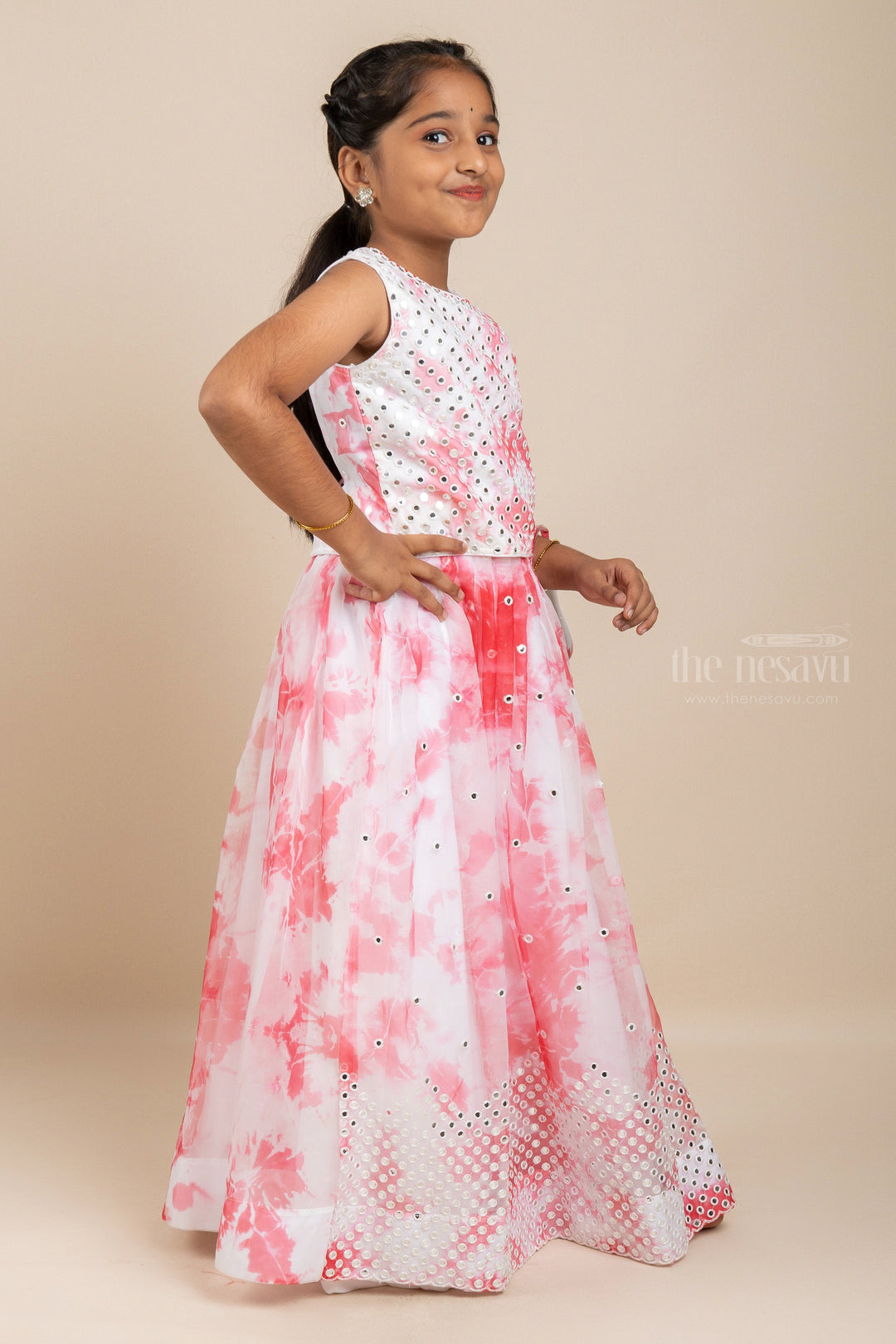The Nesavu Lehenga & Ghagra Glaring Beauty - Mirror Embedded Pink Crop Top And Skirt For Girls psr silks Nesavu