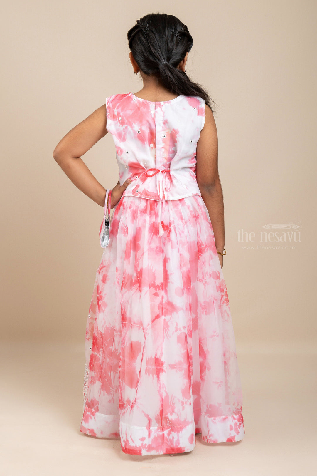 The Nesavu Lehenga & Ghagra Glaring Beauty - Mirror Embedded Pink Crop Top And Skirt For Girls psr silks Nesavu