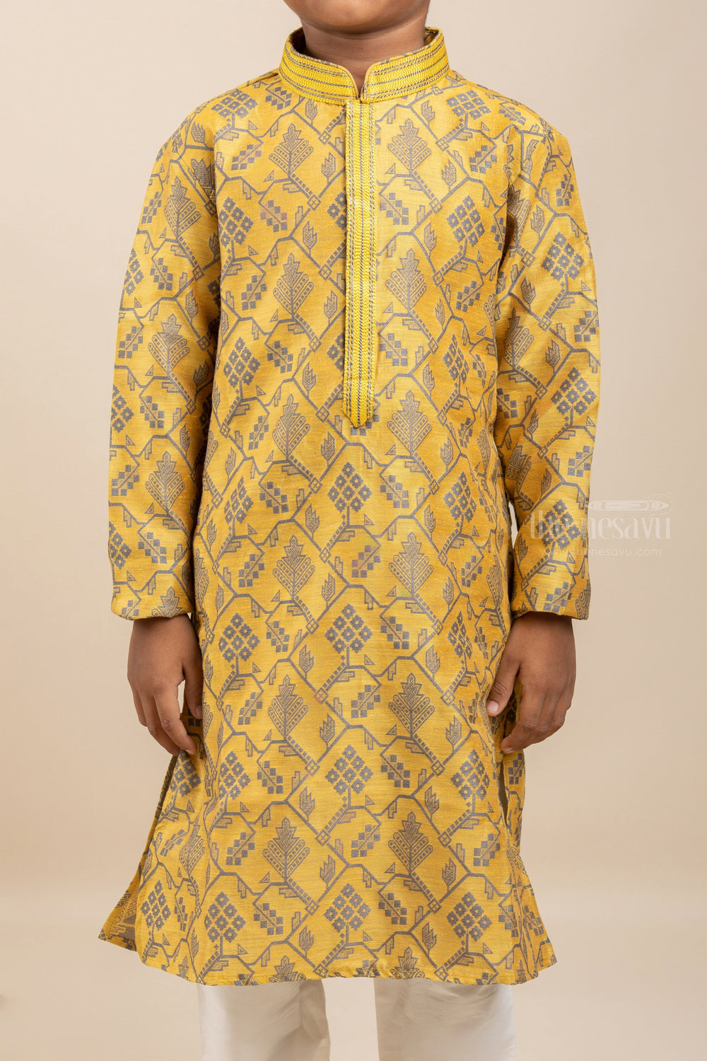 The Nesavu Ethnic Sets Glowing Star - Goldish Shaded Unique Prints Kurta With Cotton Pants For Little Boys psr silks Nesavu