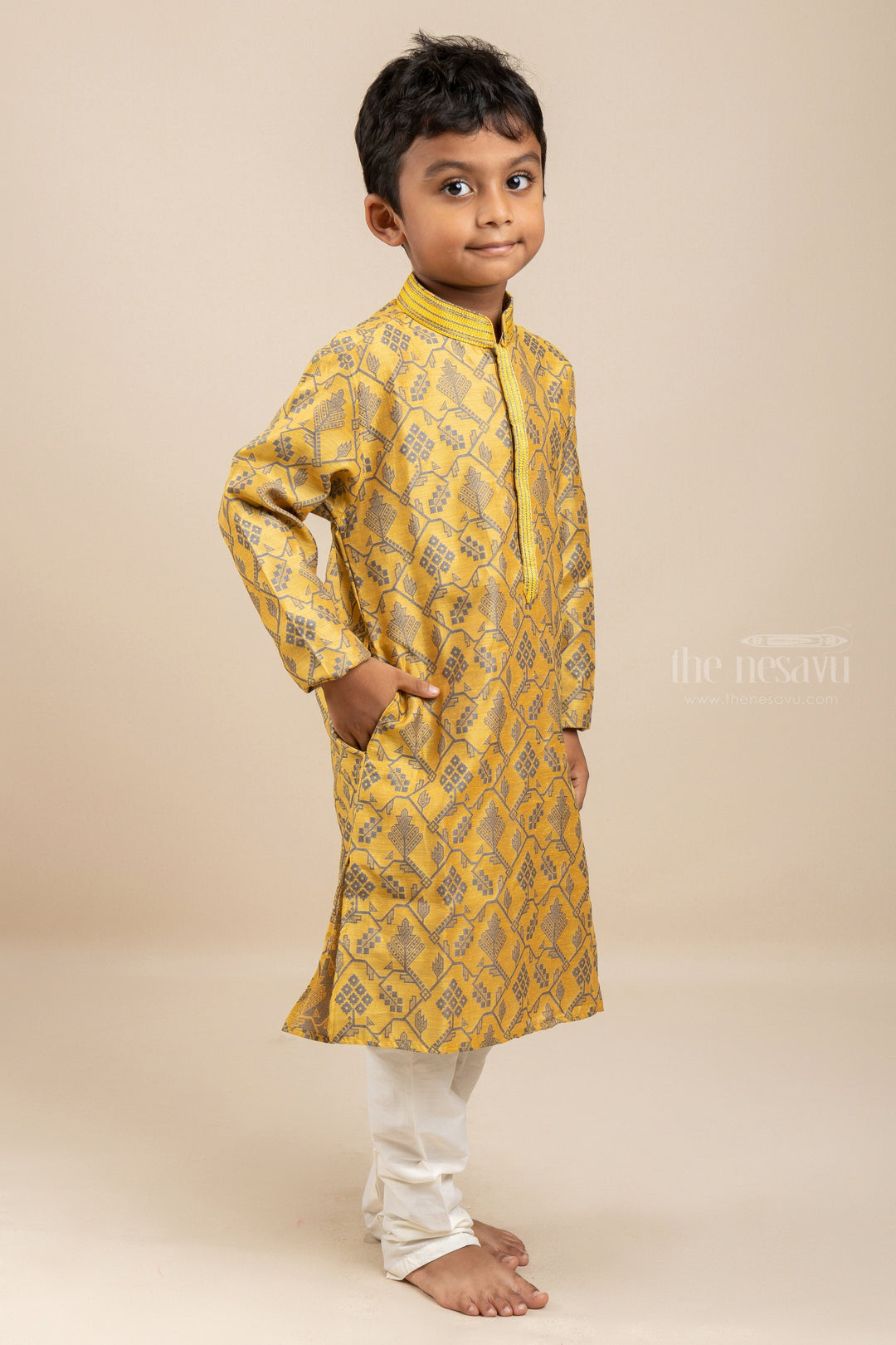 The Nesavu Ethnic Sets Glowing Star - Goldish Shaded Unique Prints Kurta With Cotton Pants For Little Boys psr silks Nesavu